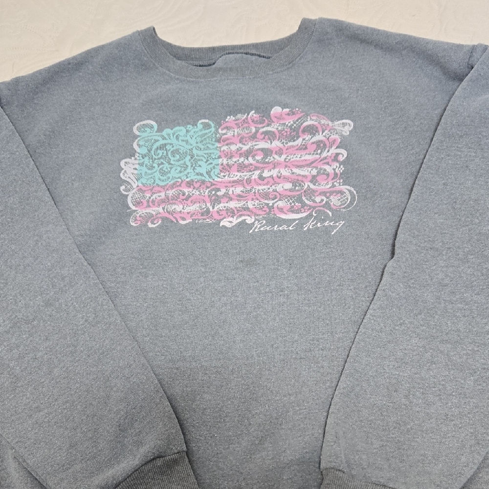 Gray Sweatshirt with Pink and Blue Design